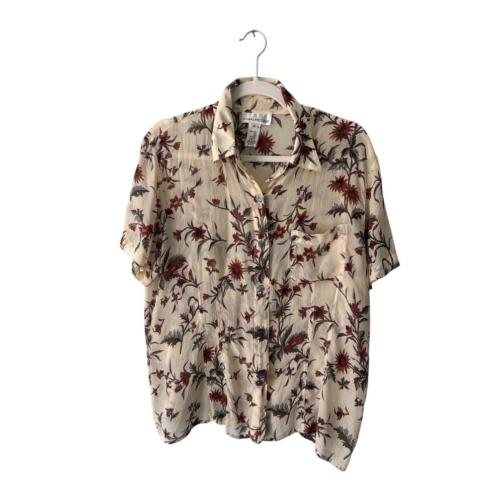 Evan Picone 100% Silk Cream Floral Button Front Short Sleeve Top 14